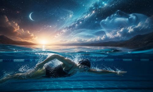 Nuotatrice che scivola nell'acqua con movimenti fluidi e respiro controllato, immersa in un'atmosfera di calma e consapevolezza che richiama il concetto di Nuoto Consapevole.