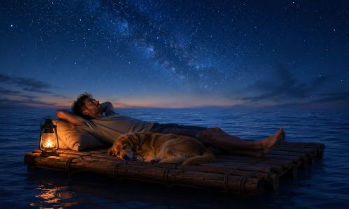 Sleepcation, persona che dorme serenamente su una zattera in mezzo al mare con il cane sotto un cielo stellato