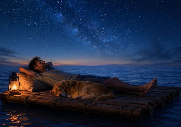 Sleepcation, persona che dorme serenamente su una zattera in mezzo al mare con il cane sotto un cielo stellato