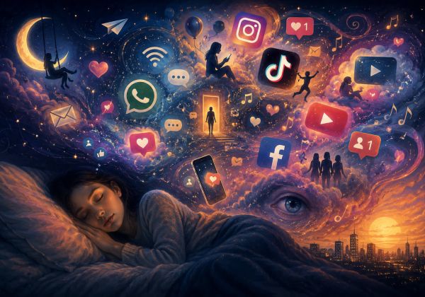 Sogni digitali con social network, notifiche e simboli onirici in un paesaggio surreale notturno
